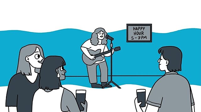 Cartoon image of a musician playing guitar and singing into a microphone performing to a small group of patrons holding drinks.