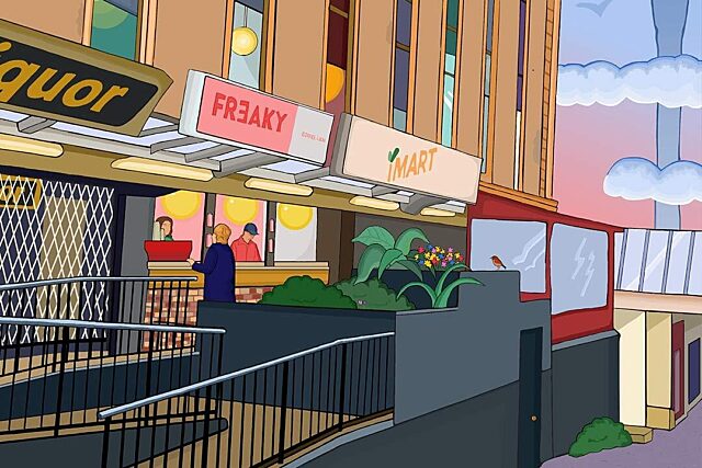 Cartoon exterior of Freaky Cafe building