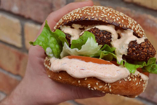 Hand holding a hamburger