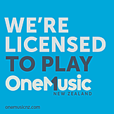 We're Licensed to Play - OneMusic New Zealand. Square sticker example.