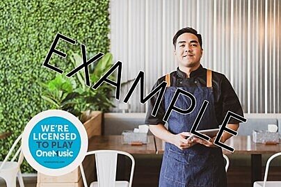 Example of a OneMusic Licensed to Play digital sticker placed on top of a photo of a server standing inside an empty cafe.