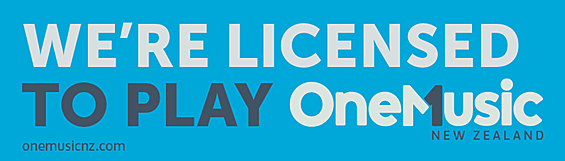 We're Licensed to Play - OneMusic New Zealand. Website sticker example.